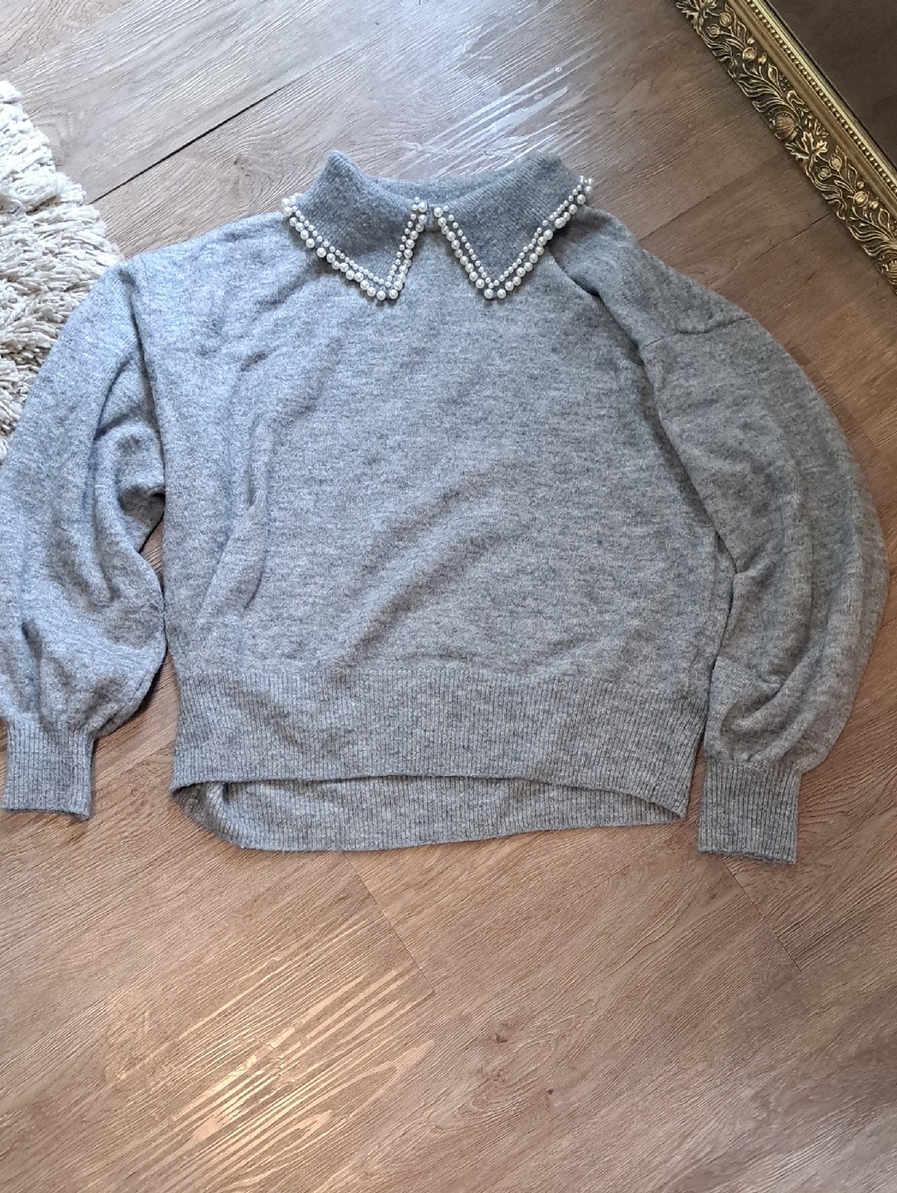 H&M Gray Pearl-Trim Turtleneck Sweater